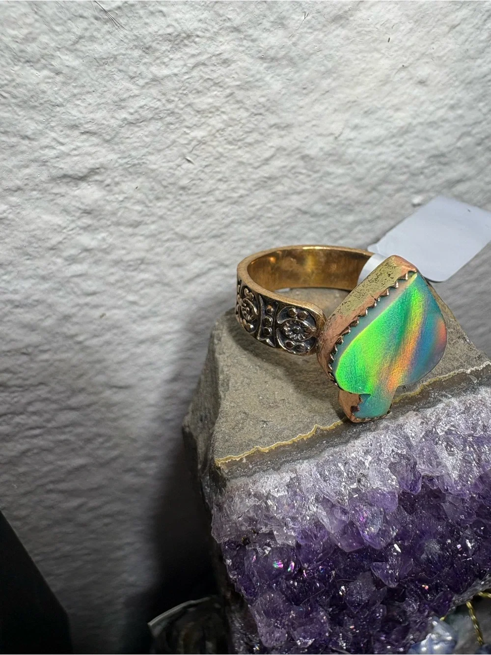 Spade-Shape Aurora  Stone Adjustable Copper Ring